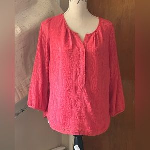 Talbots Top 3/4 Sleeve Sheer Lined Rose Pink Blouse SZ Med 3-Button Front Tunic